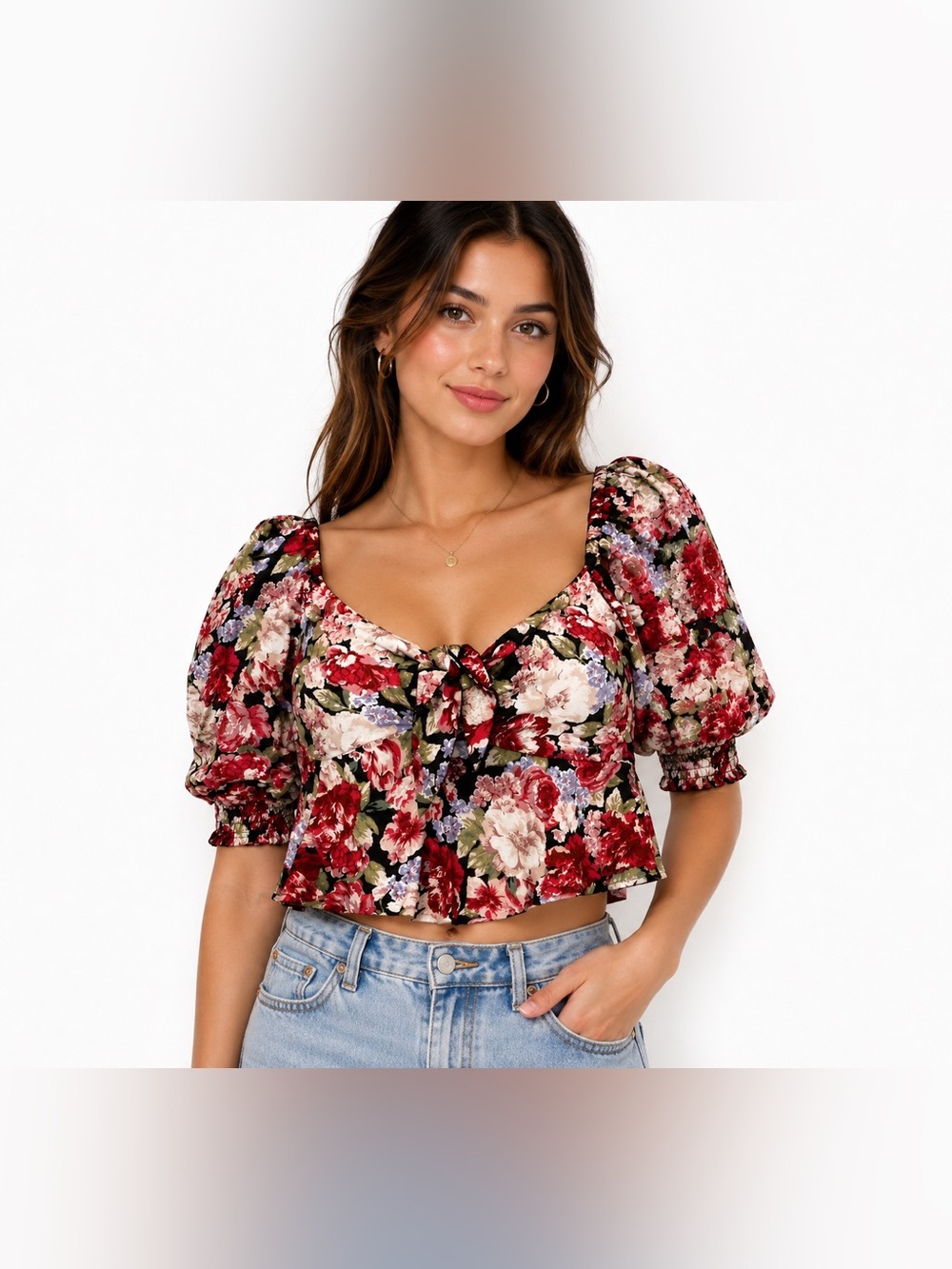 MINKPINK Floral Corset Puff Sleeve Tie Front Crop Top Small